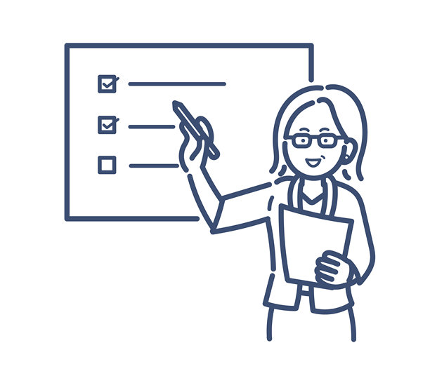 一位 40 多岁的女性正在进行演示或讲解的线条插画。图片下载