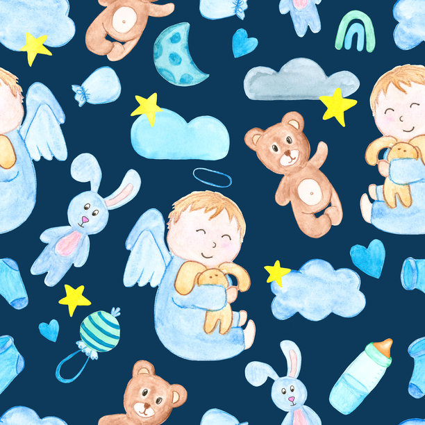 可爱的天使新生儿在蓝天背景的云朵上，无缝图案，水彩画，带有动态素材的光栅插图，绘画图片下载