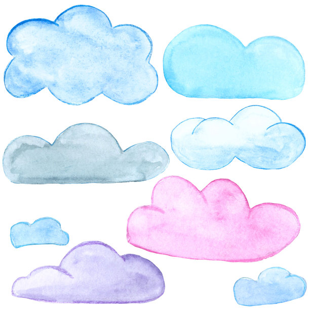 粉色、蓝色、淡紫色云彩，水彩画，带有真实材料的栅格插画，绘画图片下载