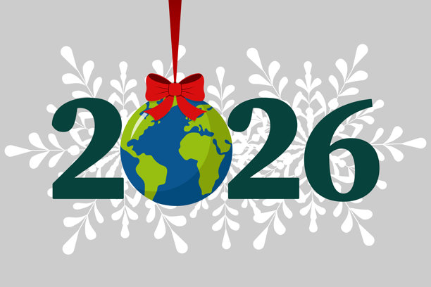 环保新年海报，绿色2026数字悬挂着地球，可持续节日，矢量插画图片下载