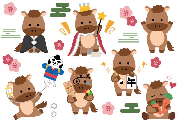 新年贺卡用可爱马和马图标插画集图片下载