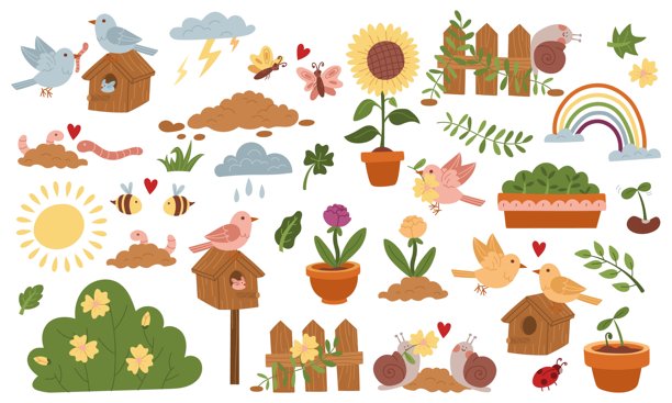一套春季主题的扁平化插画。春季盛开，献给大自然，献给对动物的爱。漂亮的插画。用于园艺博客、环保项目、农业。图片下载