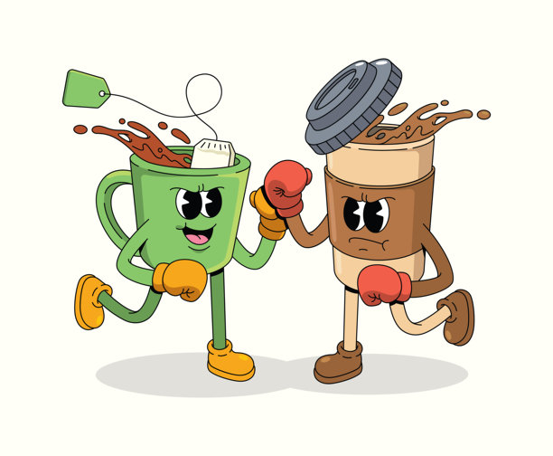 拳击咖啡与茶卡通人物插画图片下载