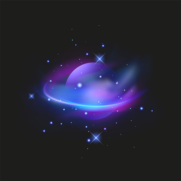 宇宙空间中带有光环的紫色发光行星，霓虹行星带有发光光环图片下载