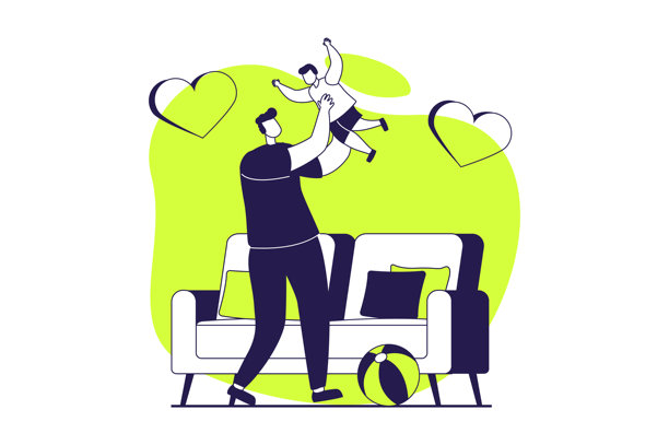 家庭与新生儿的网页概念，采用扁平化人物设计，适用于网站设计。年轻的父亲在家中与年幼的儿子玩耍，体现育儿、照料孩子以及与蹒跚学步的孩子建立亲子关系。矢量插画。图片下载