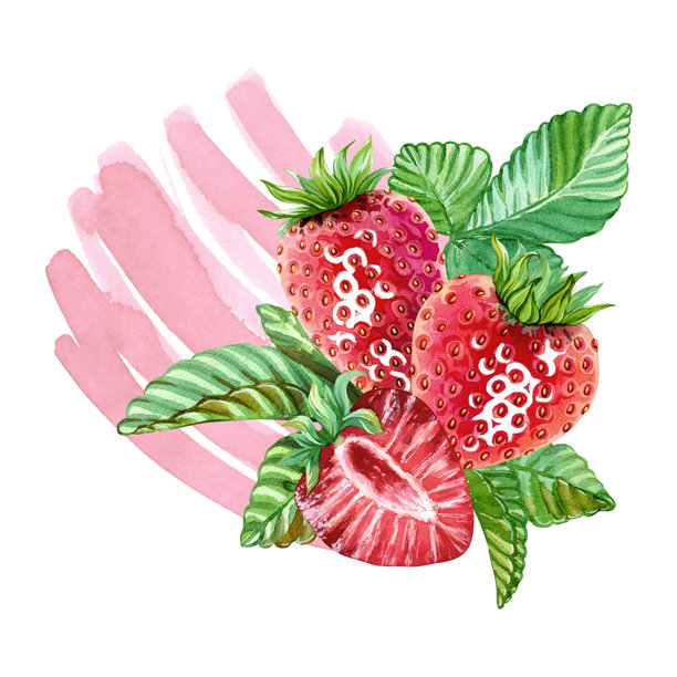 粉色草莓汁或酸奶飞溅背景下，一颗鲜红多汁的草莓，带着绿叶。漂亮的浆果设计。夏日红莓。甜美成熟的草莓。手绘水彩插画。图片下载