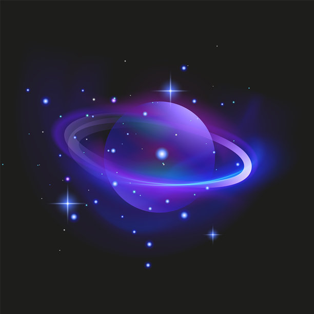 宇宙空间中带有光环的紫色发光行星，霓虹行星带有发光的光环图片下载
