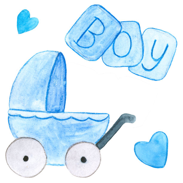 一套用于婴儿房的蓝色装饰元素——带有“boy”字样的蓝色婴儿车和积木，水彩画，带有真实材料的栅格插画，绘画图片下载