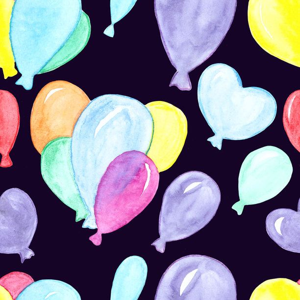 彩色气球在深色背景上，无缝图案，水彩画，带有真实素材的栅格插画，绘画图片下载