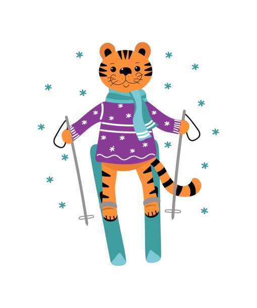 穿着冬装的老虎在滑雪。滑雪杖、滑雪板、冬季运动。针织围巾、带有圣诞装饰物的毛衣。野生动物、冬天、雪。彩色图画、涂鸦。孤立背景上的插画。图片下载