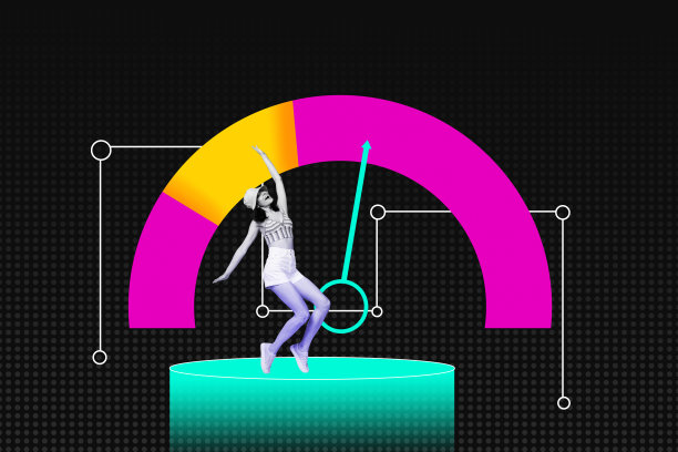 快乐女商人在速度计箭头、发展统计数据和职业晋升的3D拼贴全幅潮流横幅照片图片下载