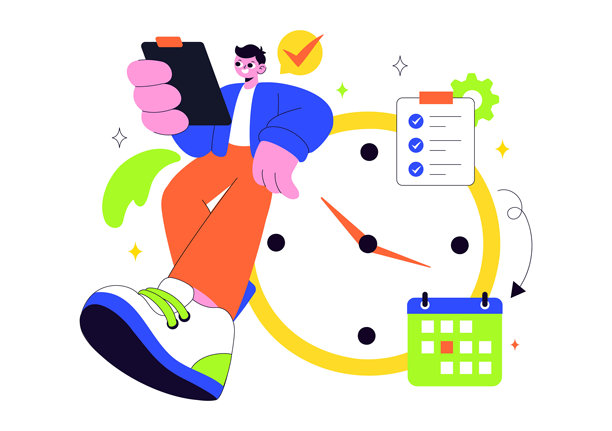 扁平卡通风格背景下的时间管理矢量插画，包含时钟设置、任务规划、培训活动和日程安排图片下载