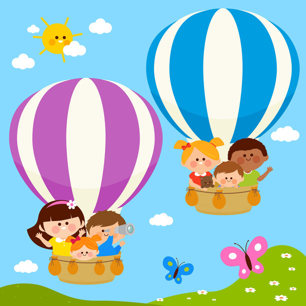 孩子们乘坐各种颜色的热气球在空中快乐地飞翔。孩子们在绿色的山丘和山脉的美丽自然背景中探索，五颜六色的热气球在云彩下的蓝天中飞翔。矢量插画图片下载