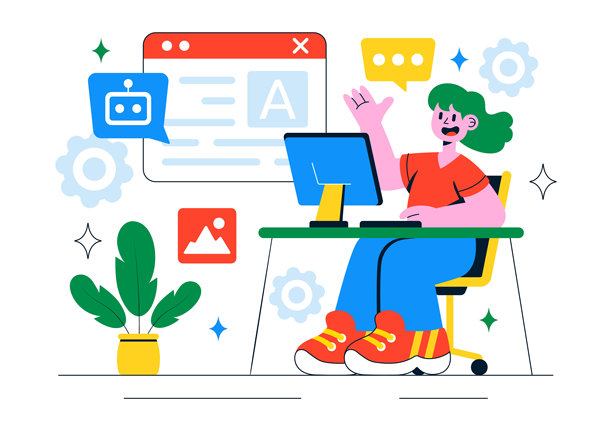 人工智能写作助手插画，展示人工智能技术在翻译、聊天机器人交互、代码生成和文章撰写方面的应用。图片下载