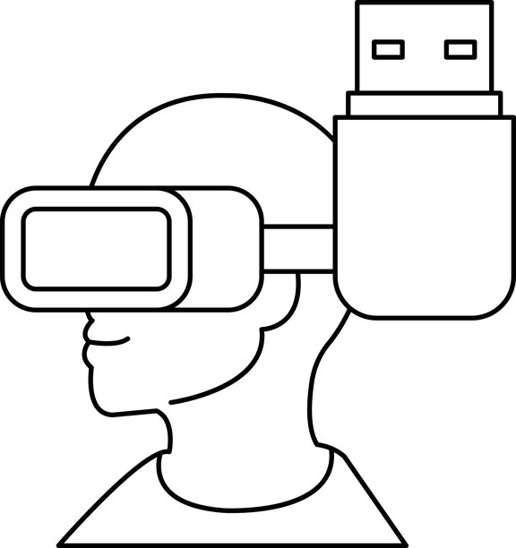 一名男子戴着虚拟现实头显，头显上连接着一根USB线图片下载