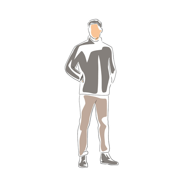 正面视角，一名成年男子双手插兜站立的矢量插画。男模特身穿秋季夹克，采用细线条艺术和扁平色彩填充绘制。图片下载