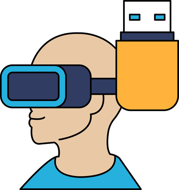 戴着虚拟现实头戴设备，头戴设备通过USB线连接到头部的一名男子图片下载