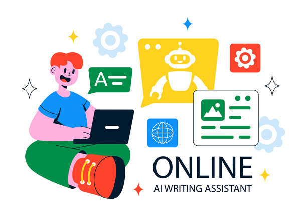 人工智能写作助手插画，展示人工智能技术在翻译、聊天机器人互动、代码生成和文章写作方面的应用图片下载