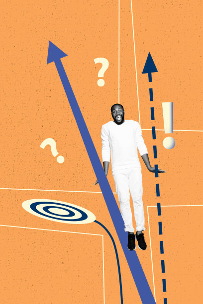 竖版3D流行潮流拼贴照片，一位快乐的商界人士站在箭头旁，展示着发展统计数据、目标、晋升、职业机会。图片下载