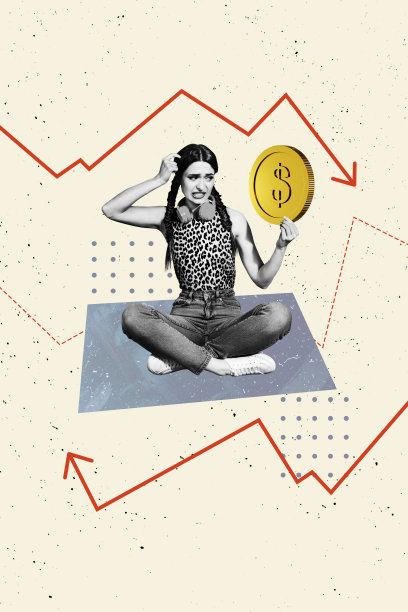 年轻女士坐下思考的趋势海报草图模板 3D 照片拼贴照片 金币 工资 货币 贸易 现金 经济图片下载