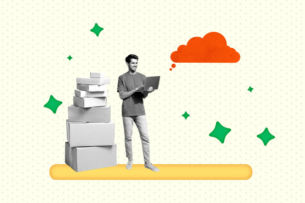 竖版横幅海报照片拼贴，一个快乐的男人抱着笔记本电脑，坐在纸箱旁，代表进口、分销、发送、归档、云端和运输。图片下载