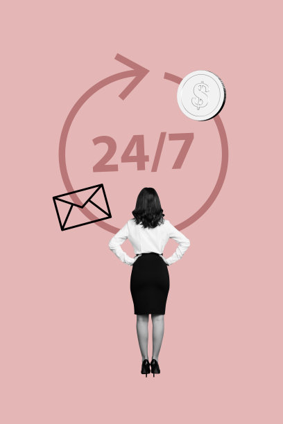 趋势横幅艺术品 3D 照片拼贴匿名女经理背对时间表箭头 24/7 帮助热线服务 硬币 美元 信封图片下载