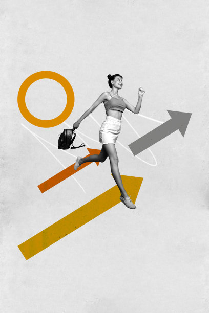 女商人奔跑箭头发展统计数据职业晋升的趋势垂直艺术3D照片拼贴图片下载