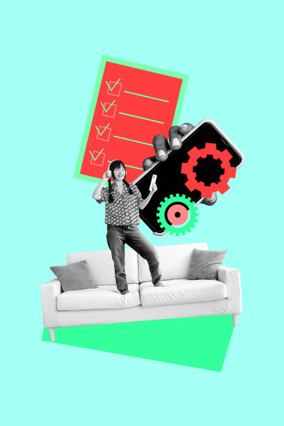 快乐的女商人和男商人在手机、齿轮和设置旁边摆姿势的杂志风格拼贴照片，自由职业者，工人，发展图片下载