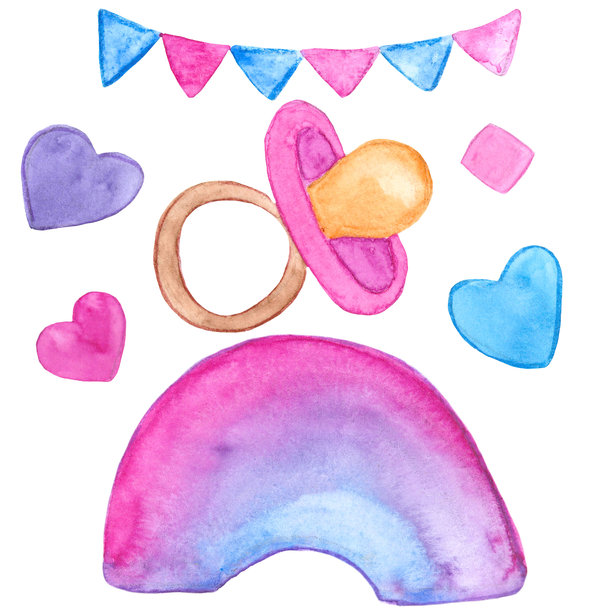 一套粉色女孩元素 - 安抚奶嘴、彩虹、旗帜、心形，水彩画，使用真实材料的栅格插画，绘画图片下载