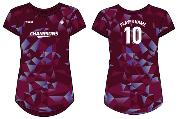 女士运动球衣T恤设计平面草图插画，几何图案圆领T恤，适用于女孩和女士排球、足球、羽毛球、足球和无挡板篮球的运动服套装。图片下载