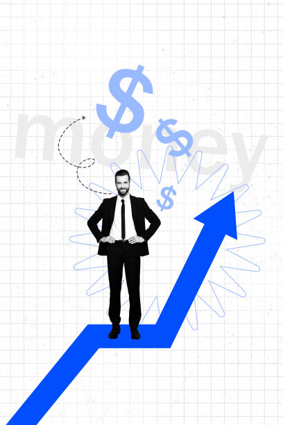 快乐的商人垂直3D图像照片拼贴，展示箭头、进步、美元交易、资本、利润、金钱和成功。图片下载