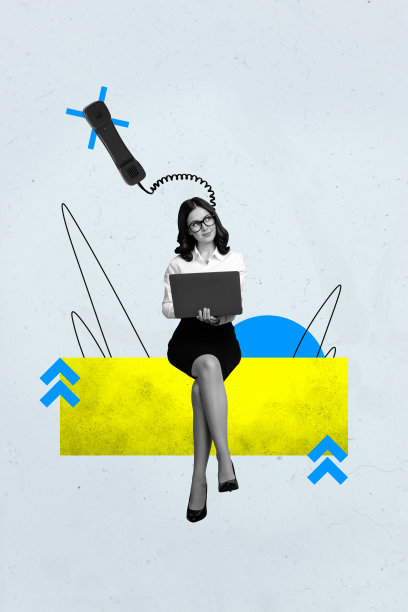 快乐的商界男女在电话旁、箭头、进步、笔记本电脑旁进行自由职业的杂志趋势照片拼贴图片下载