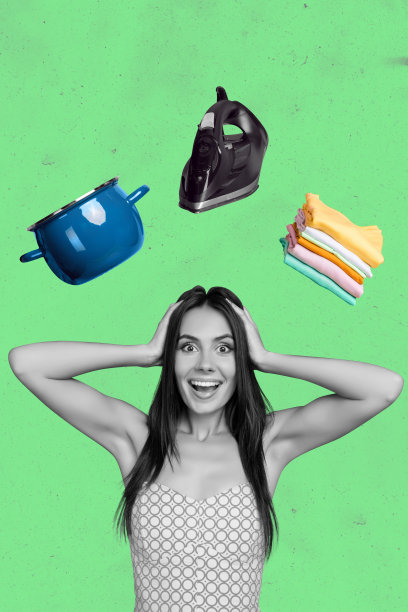 快乐女佣垂直照片拼贴画，进行家务劳动，包括厨房用具、锅具、洗衣和熨烫衣物图片下载