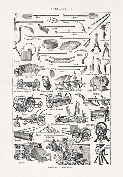 黑白插画，描绘农业机械和工具图片下载