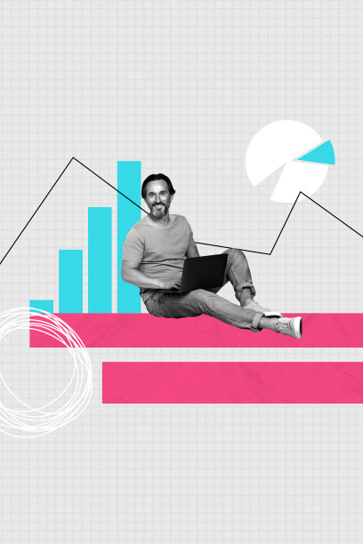 快乐的自由职业商人使用笔记本电脑冲浪，进行垂直艺术3D照片拼贴，图表发展，增长和机会图片下载