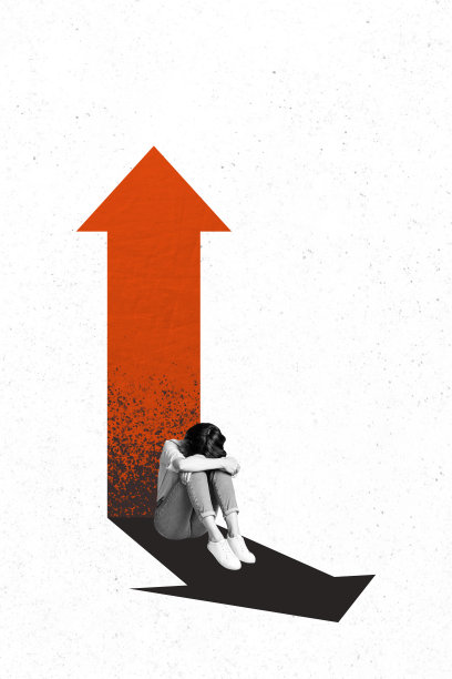 趋势横幅艺术作品：一位商务女性坐在箭头上，背景是3D照片拼贴，展示了进步统计、目标达成、晋升和疲惫。图片下载