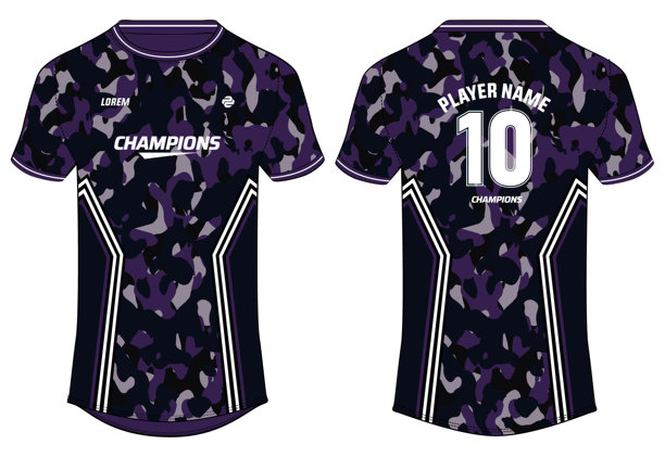 迷彩运动球衣T恤设计平面草图插画，圆领足球球衣概念，包含板球、足球、排球、橄榄球、网球和羽毛球运动服套装的前后视图图片下载