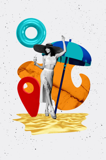 年轻女士跳舞、手持鸡尾酒伞的潮流艺术作品横幅照片拼贴，描绘炎热天气下的周末航行旅行，以及旅行社的全球旅游观光。图片下载