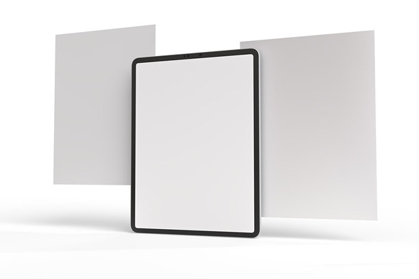 3D写实风格的平板电脑数字设备，带有空白屏幕模型，背景为空白屏幕。非常适合用于演示、界面、UI、UX展示、数字产品显示、网站、应用程序或广告。图片下载