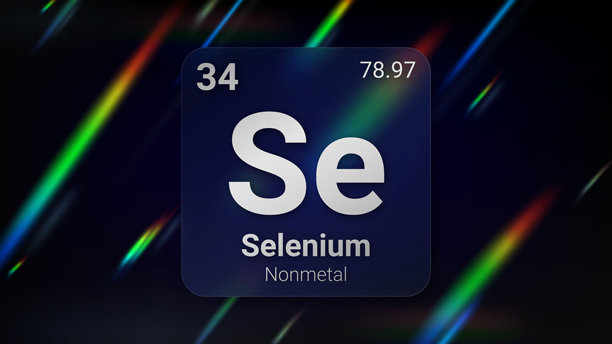 硒 (Se) (034) 非金属，玻璃拟态元素 未来感霓虹灯发光背景 元素周期表，化学符号，名称，原子量，原子序数，矢量插画图片下载