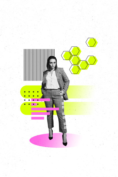垂直图像合成趋势照片拼贴，快乐的女商人在几何图形中站立，旨在实现机会的概念图片下载