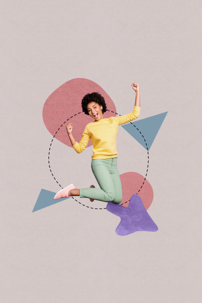 快乐的商界女性和商界男士接受晋升的艺术横幅竖版照片拼贴，带有箭头、进度统计和发展图示图片下载