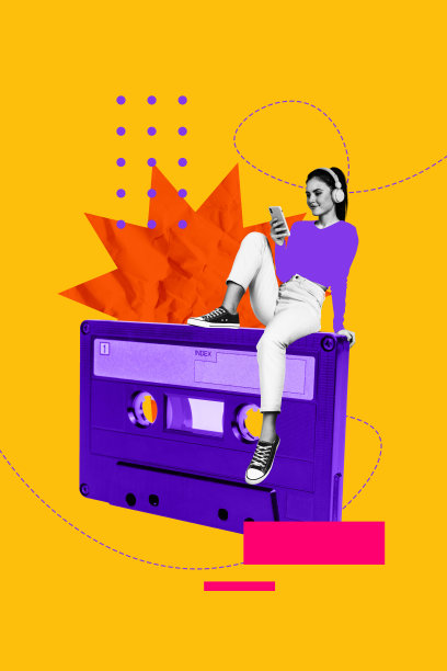 快乐女孩使用耳机听音乐的杂志横幅竖版拼贴照片，复古磁带播放列表，庆祝，节日，放松图片下载