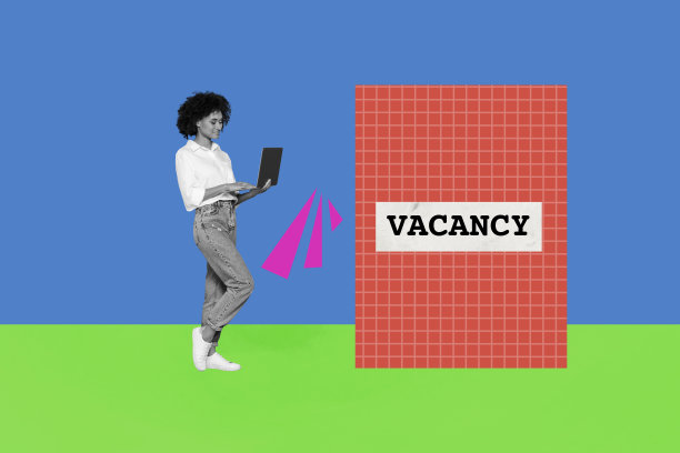 手绘草图拼贴海报，描绘了快乐的员工（女孩和男孩）站着，表现了职位空缺、招聘、就业、人力资源和简历等概念。图片下载