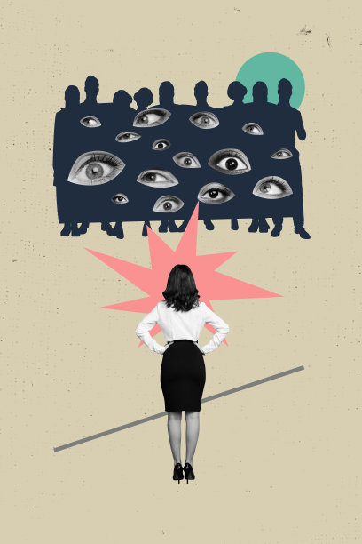 潮酷流行风格的垂直拼贴照片，一位穿着正装、背对着镜头、眼睛盯着卡通UFO涂鸦模仿的匿名女孩。图片下载