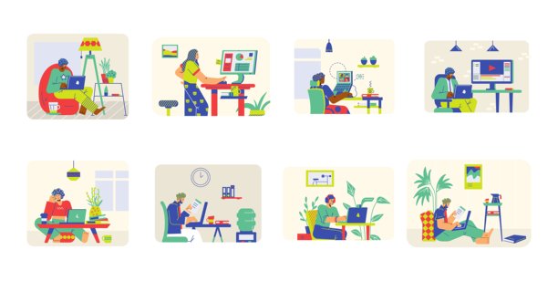 多元化人群在家和办公室工作，自由职业者和公司员工，扁平化矢量插画。图片下载