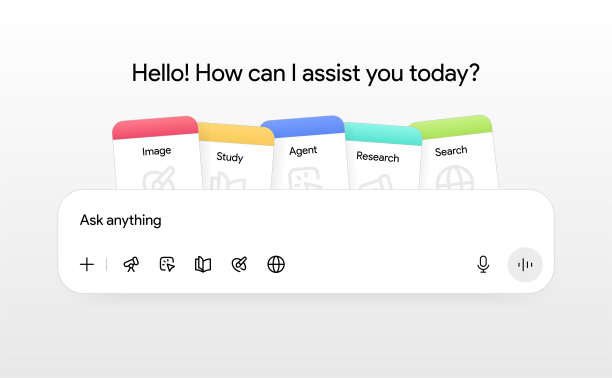 人工智能聊天窗口界面：提示空间，输入文本区域。人工智能卡片模板：源，研究，学习和代理模式。LLM应用聊天风格UI模板模型，矢量插画。图片下载