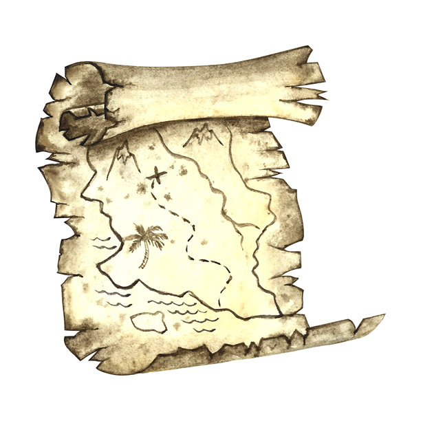 复古地图，寻宝岛。手绘水彩插画。适用于儿童游戏和节日。可用作贴纸、卡片、海报、横幅、包装等。图片下载