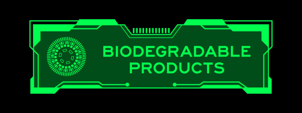 黑色背景下，用户界面屏幕上带有“生物降解产品”字样的未来感HUD横幅的绿色。图片下载