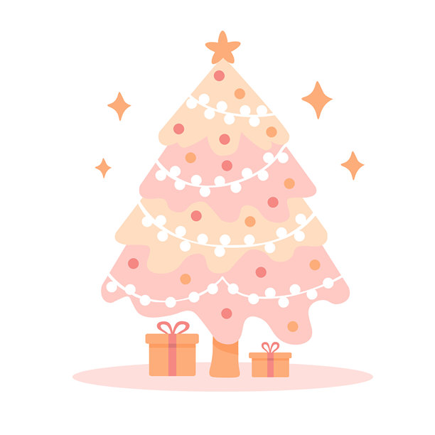 粉彩圣诞树，饰有礼物、星星和花环。图片下载